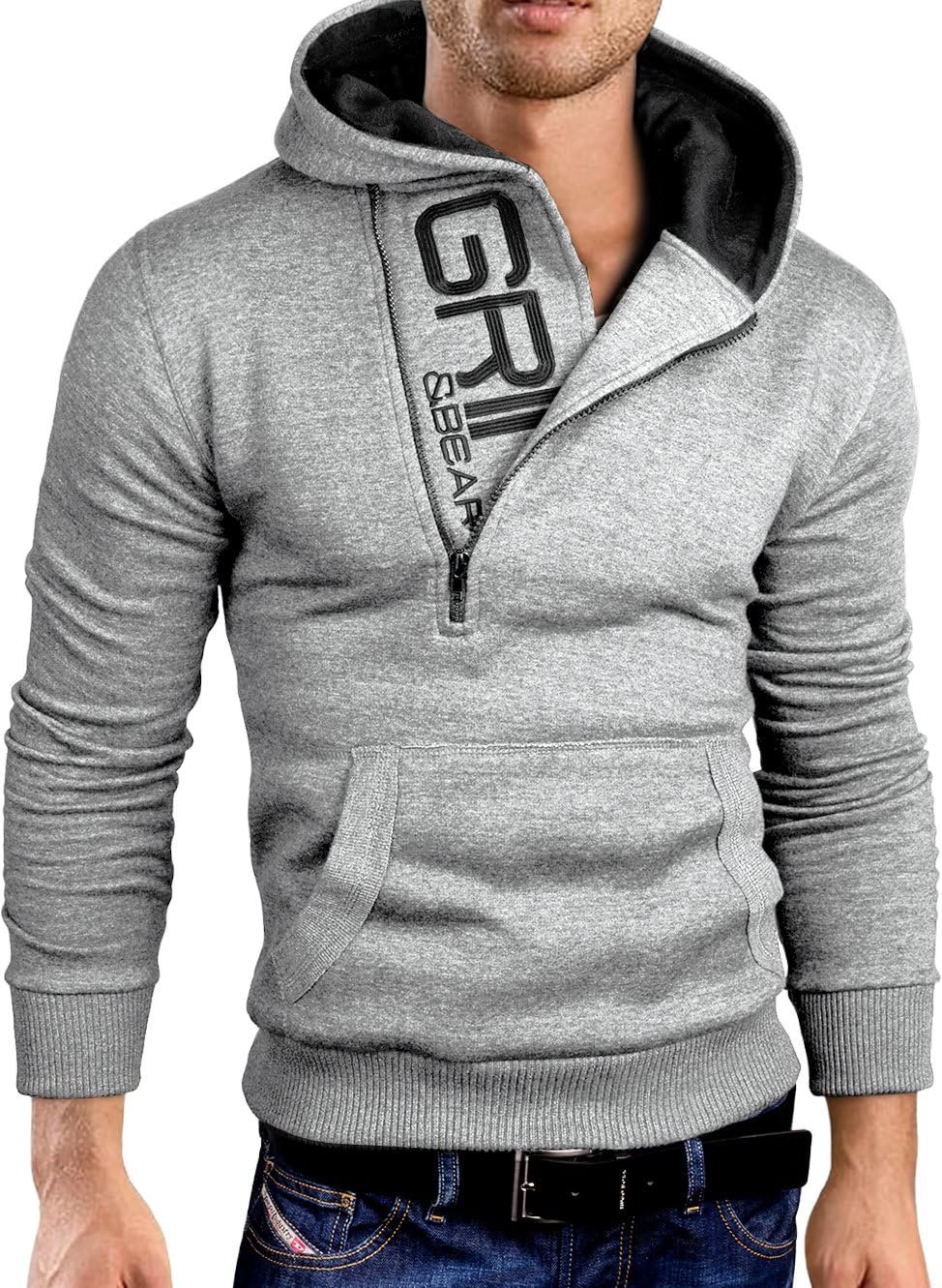 Grin&Bear Slim Fit halv dragkedja huvtröja jacka broderad tröja, GEC401