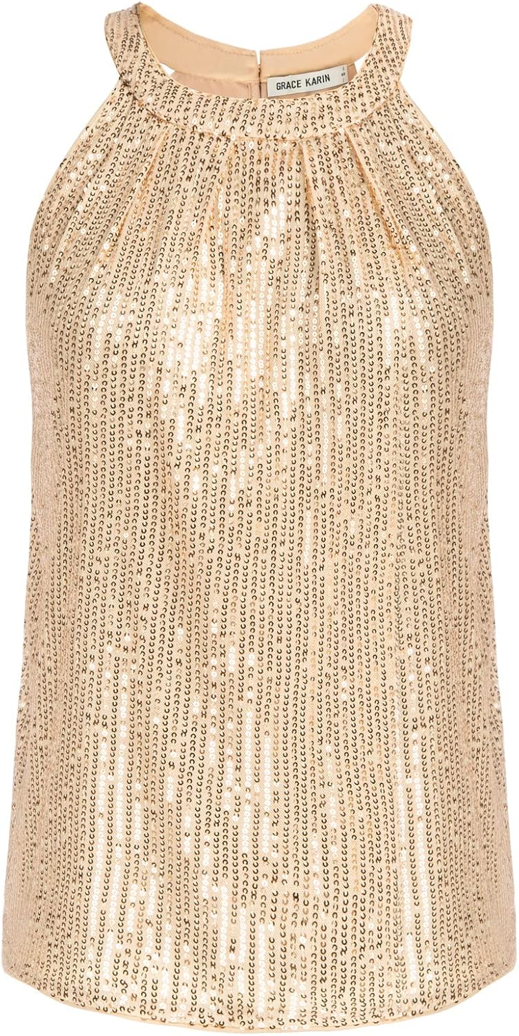 GRACE KARIN Dam elegant chiffongblus rund hals ärmlös skjorta casual toppar