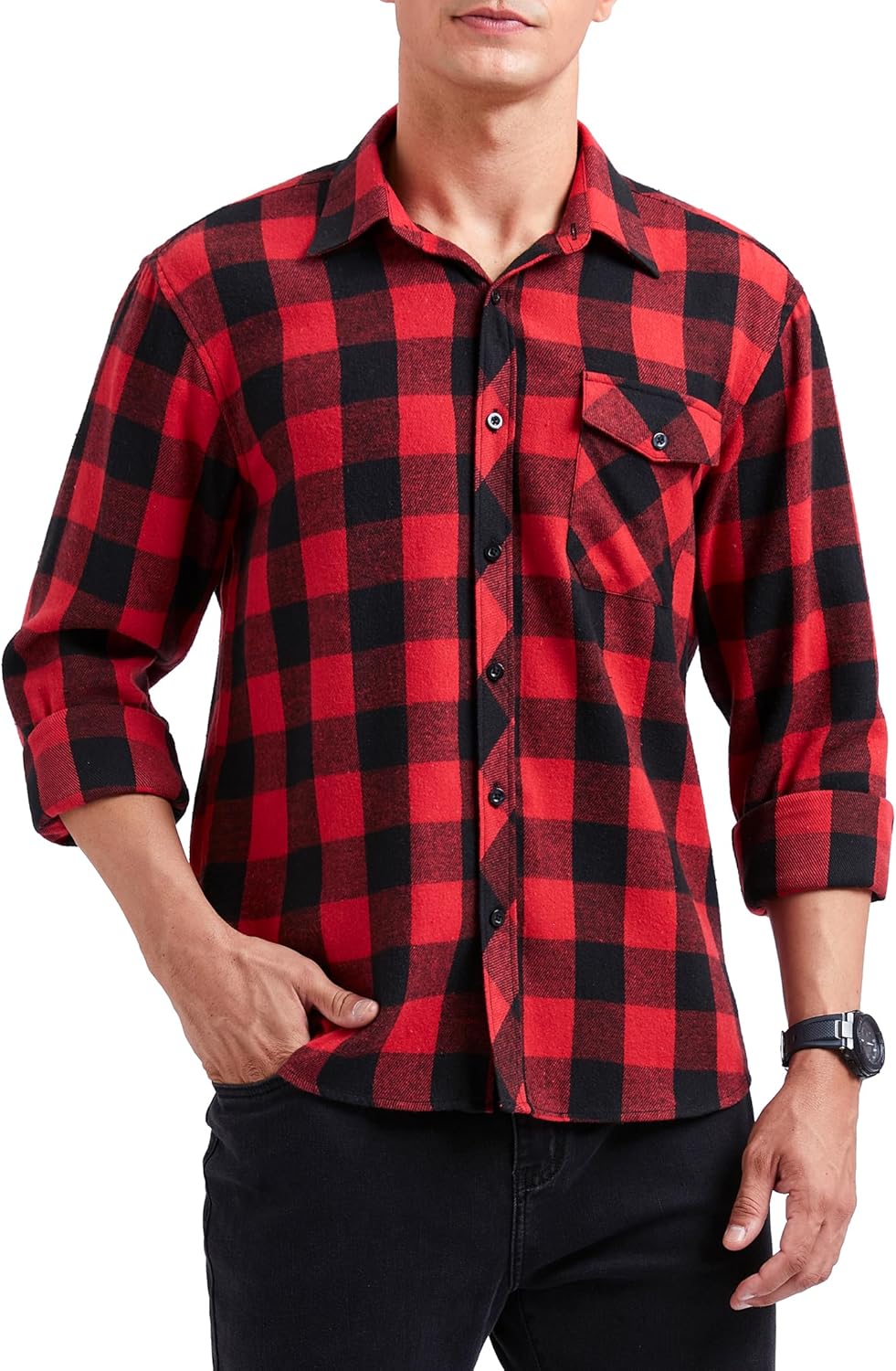 HISDERN Långärmad vardaglig rutig flanellskjorta rutig tartan button-down-skjortor för män S-4XL