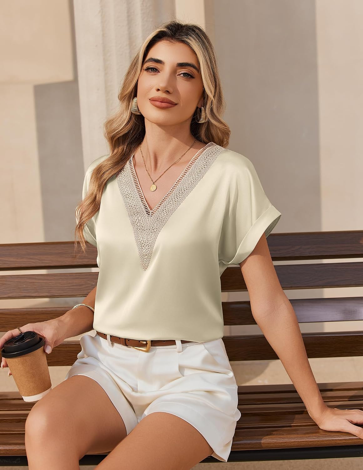 Zeagoo Dam-t-shirt, satinblus, spets, v-ringad, skjorta, eleganta blusar, kortärmad tunika, topp, lediga toppar, sommar, lösa toppar