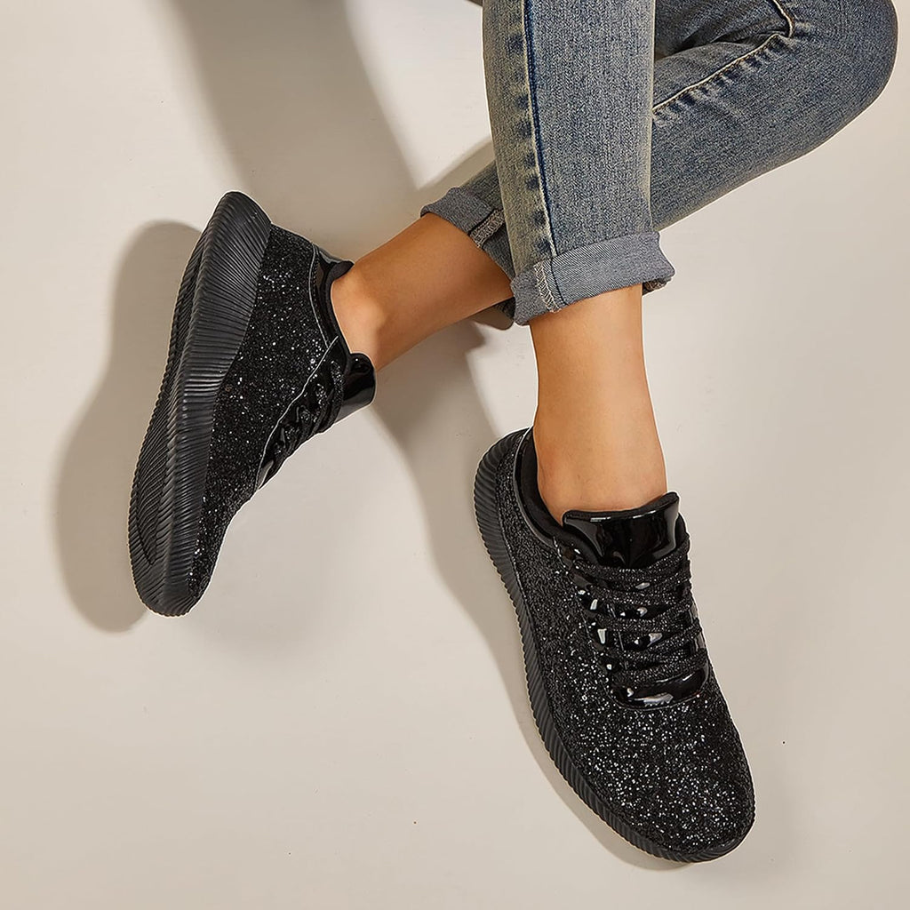 LUCKY STEP Briljanta sneakers för kvinnor med strass och metallpaljetter, lätta tennisskor