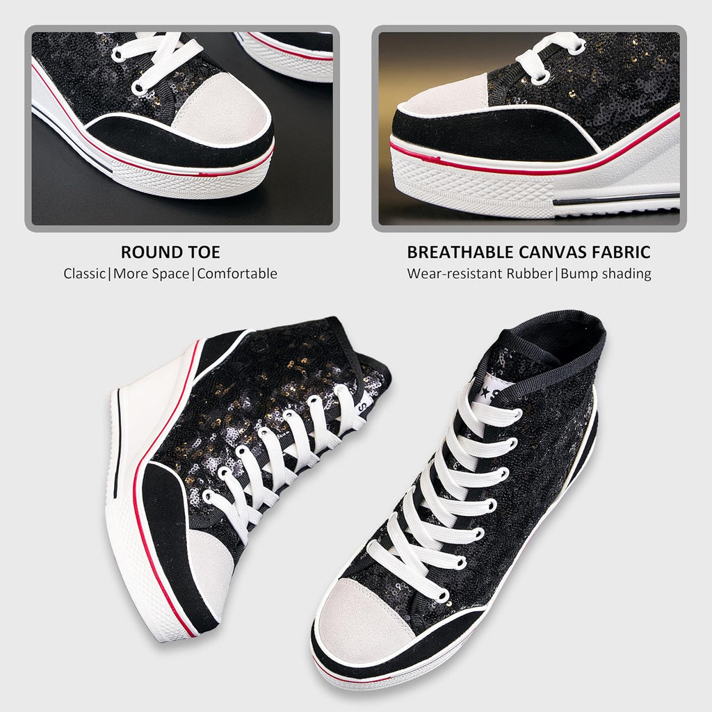 Högklackade blingskor för kvinnor vardagsskor mode glittrande sneakers för promenadplattform kilpumpskor