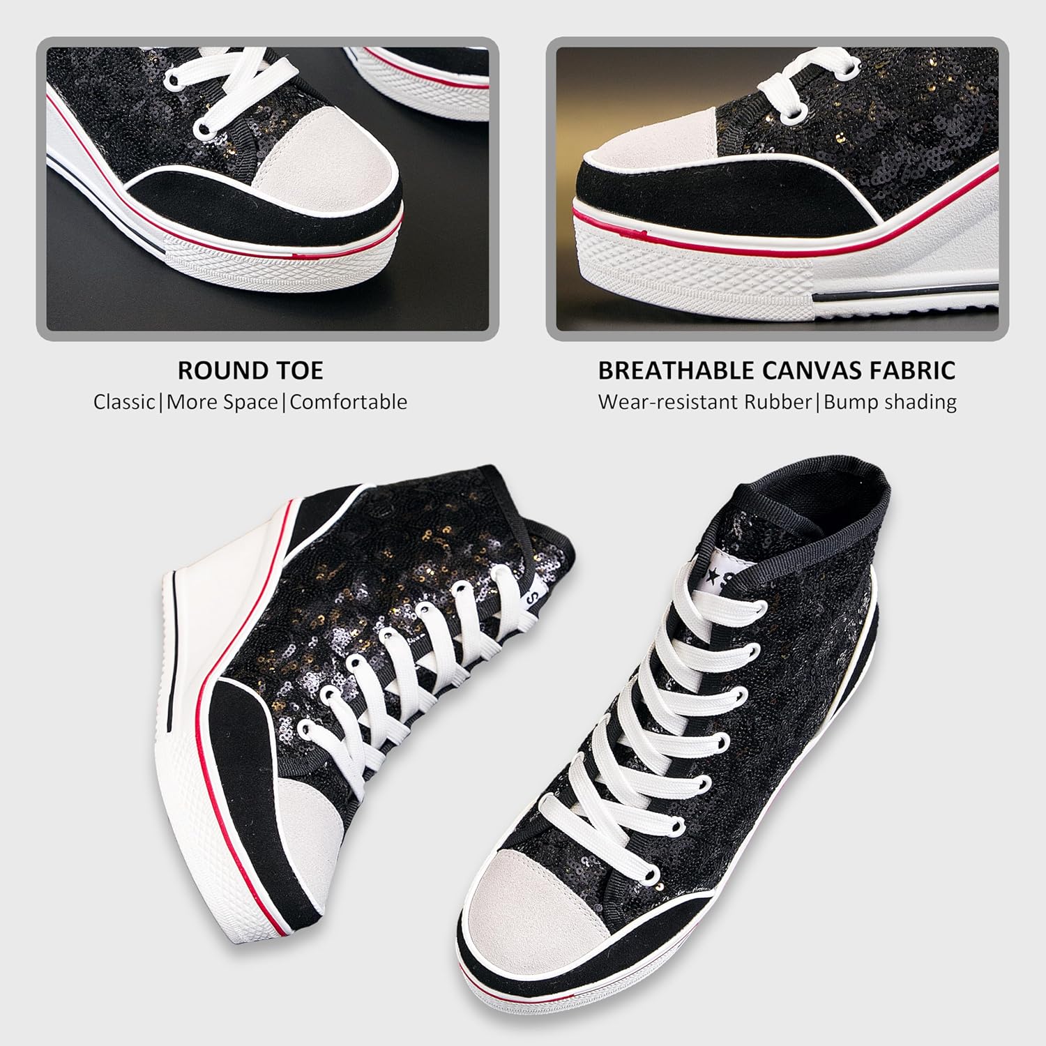 Högklackade blingskor för kvinnor vardagsskor mode glittrande sneakers för promenadplattform kilpumpskor