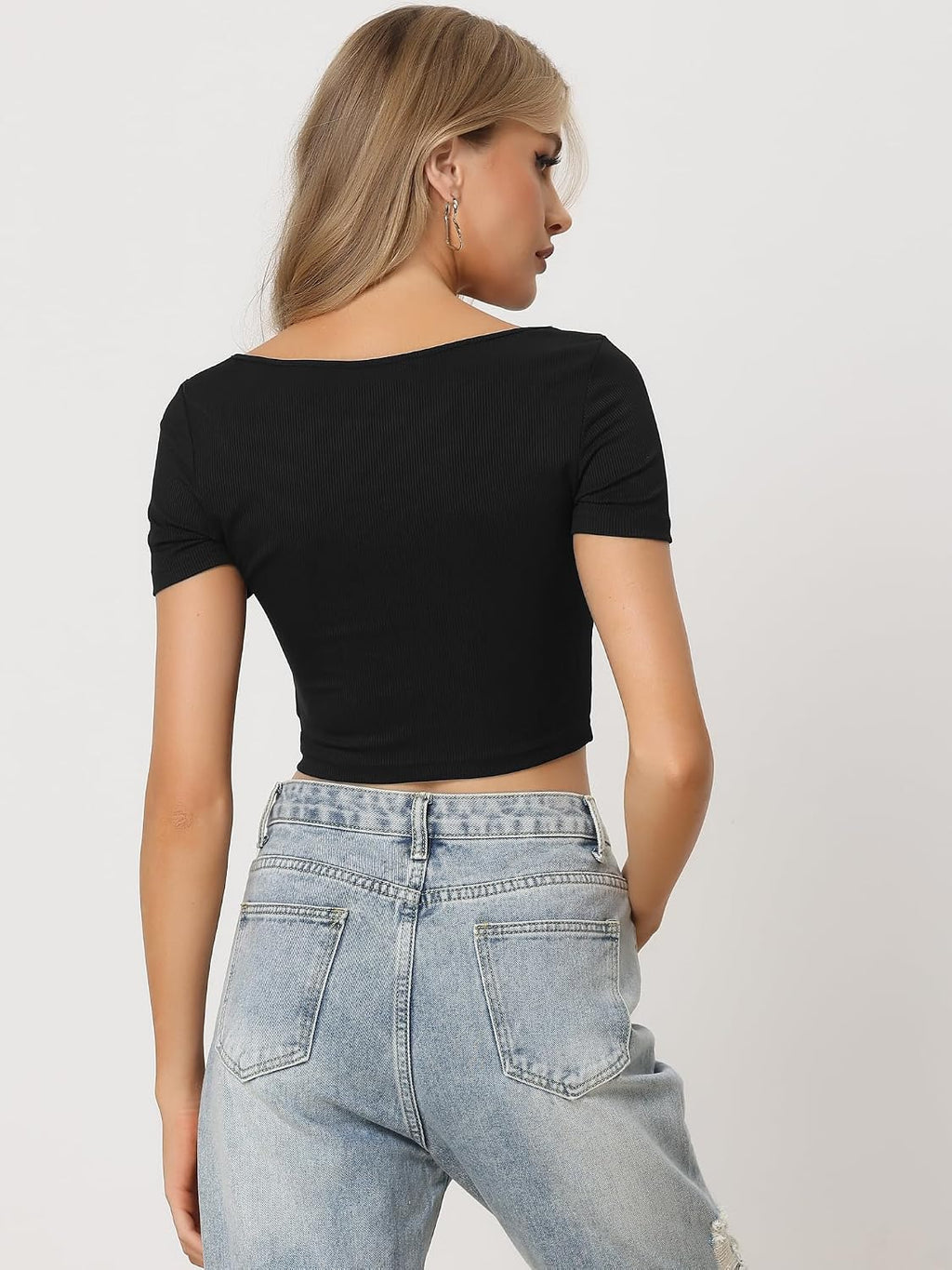 Allegra K damer crop-top ribbstickad sexy-kedja front kortärmad klubb party blus