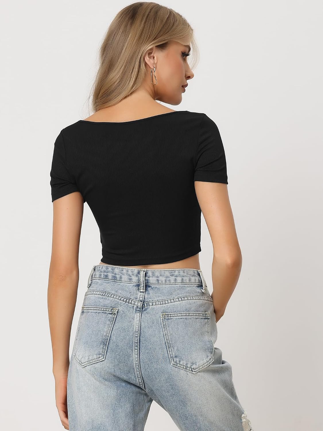 Allegra K damer crop-top ribbstickad sexy-kedja front kortärmad klubb party blus