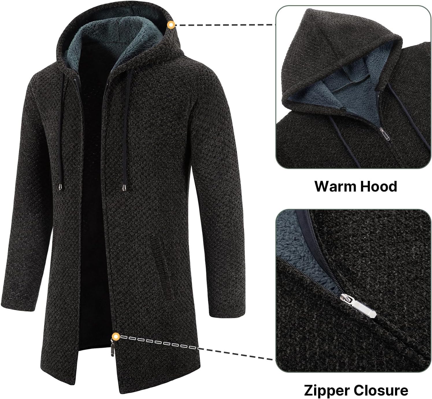 KUDORO Herrcardigan lång väst med dragkedja stickad kofta huvtröja tjock och ledig fleece tröja huvtröja