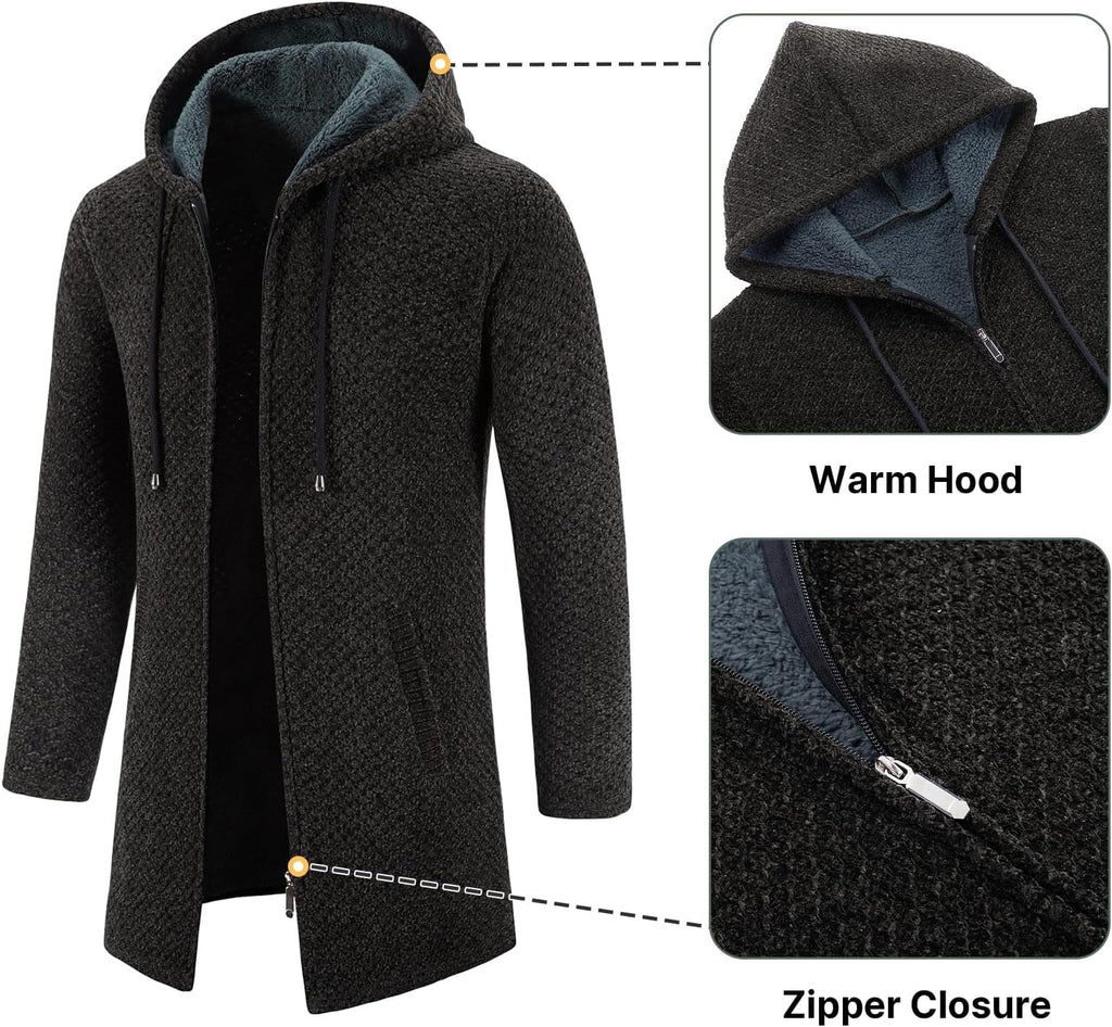 KUDORO Herrcardigan lång väst med dragkedja stickad kofta huvtröja tjock och ledig fleece tröja huvtröja