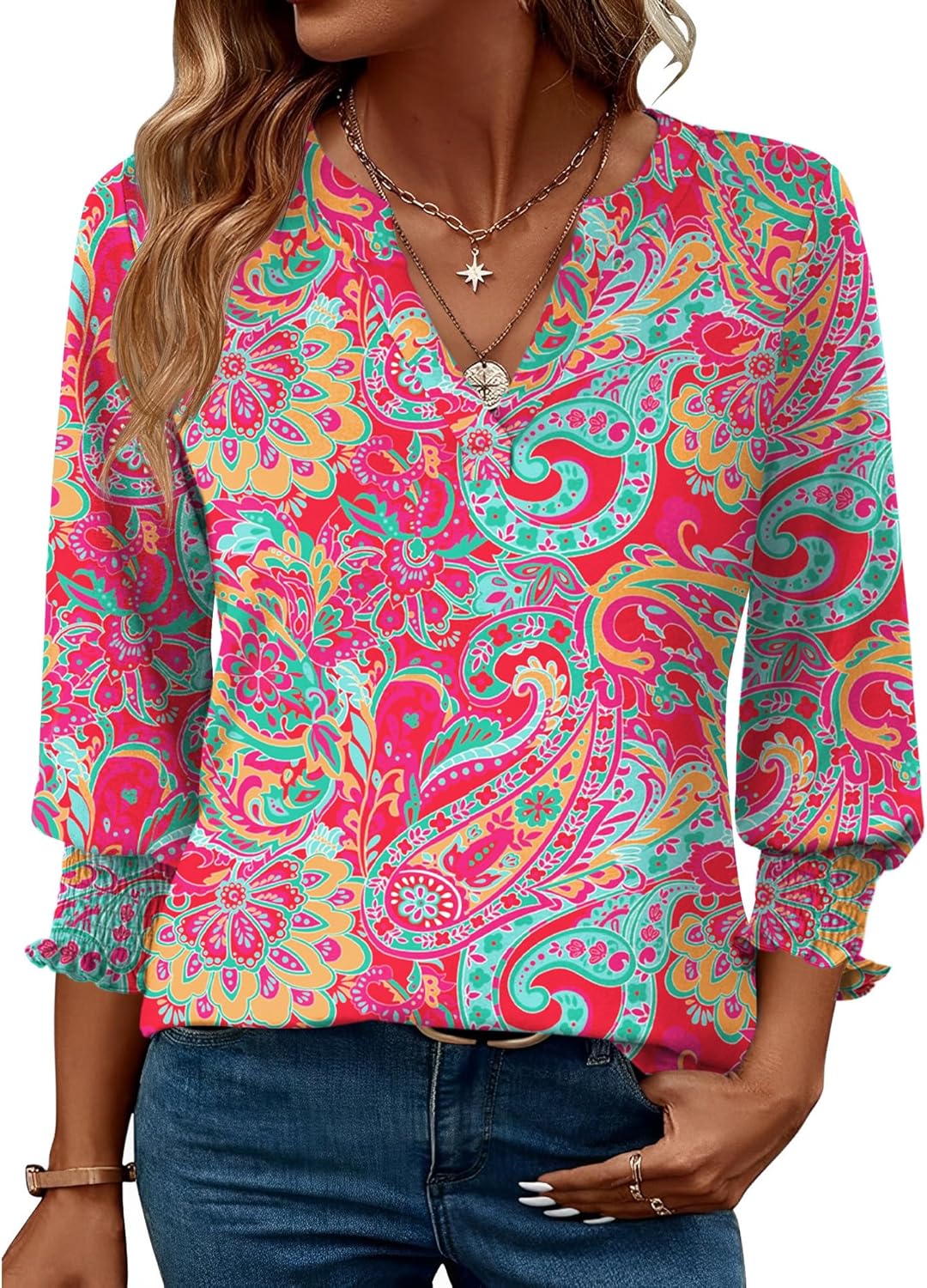 Rapbin Damblus med 3/4-ärm, lång V-ringad tunika, sommartopp, elegant, ledig blus, topp