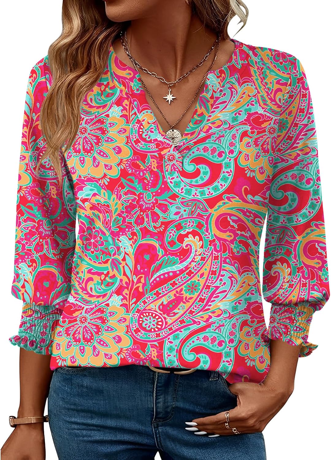 Rapbin Damblus med 3/4-ärm, lång V-ringad tunika, sommartopp, elegant, ledig blus, topp