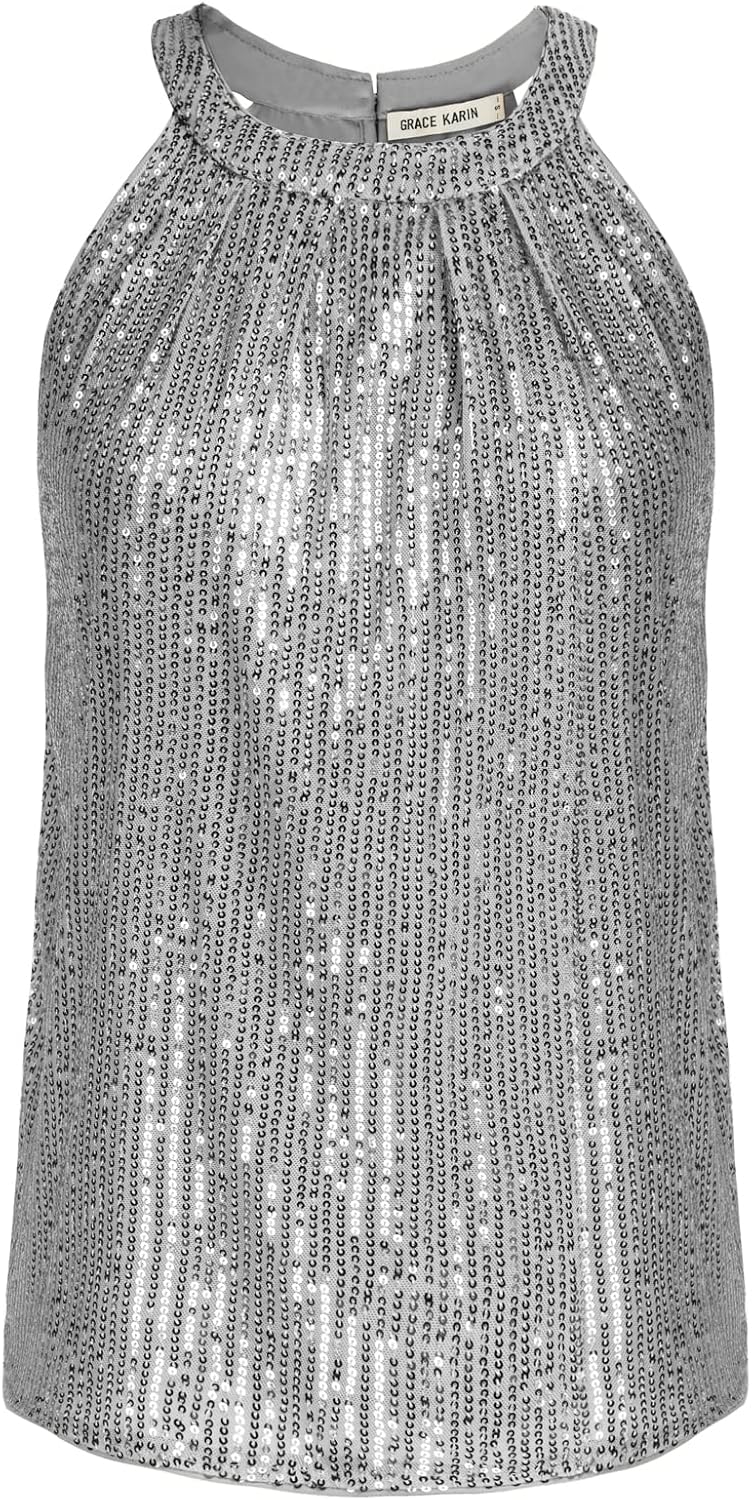 GRACE KARIN Dam elegant chiffongblus rund hals ärmlös skjorta casual toppar