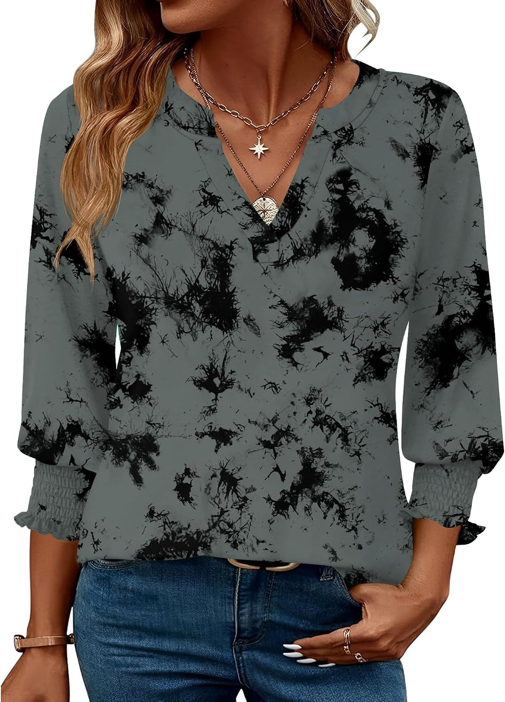 Rapbin Damblus med 3/4-ärm, lång V-ringad tunika, sommartopp, elegant, ledig blus, topp