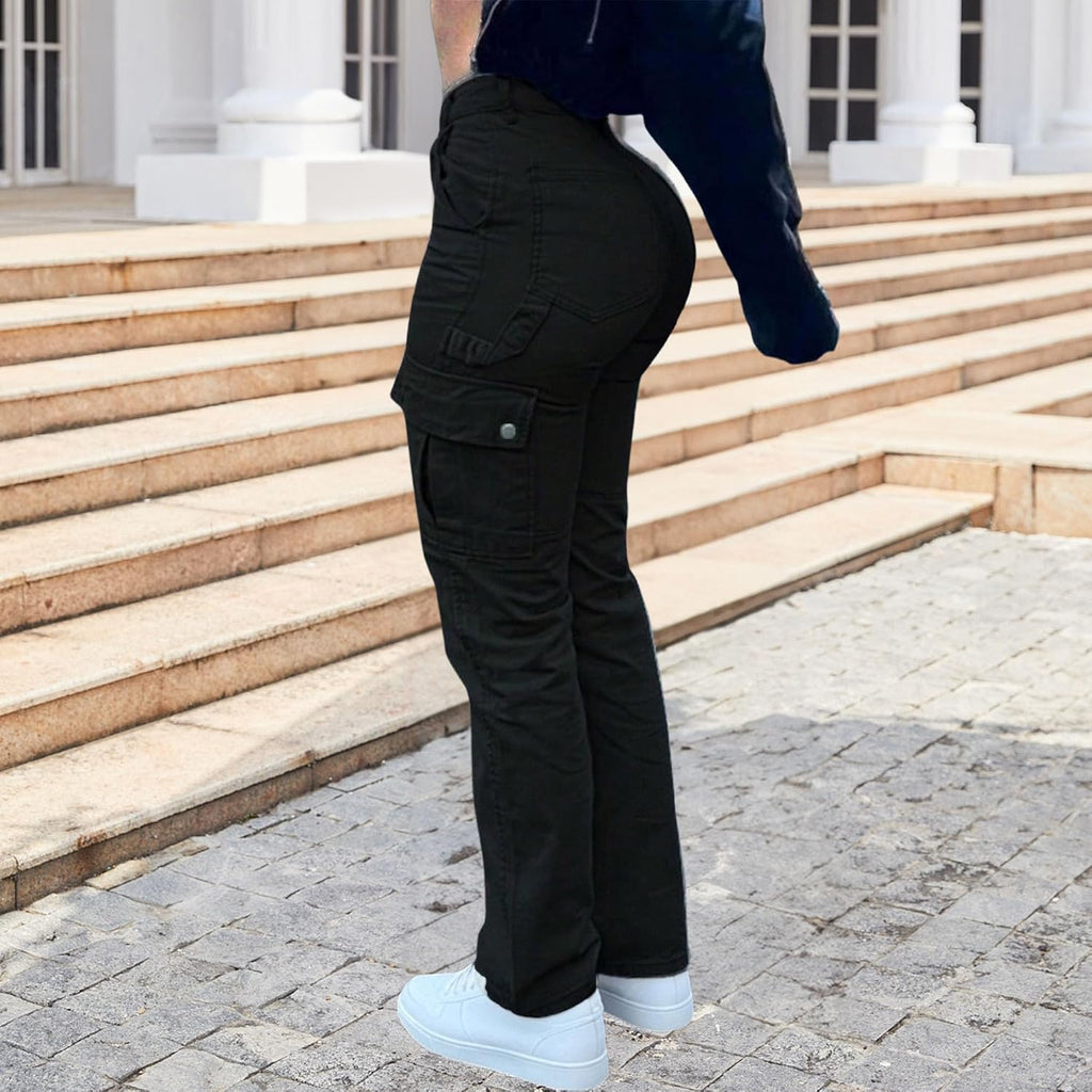 Cargobyxor för kvinnor hög midja raka ben vardagliga arbetsbyxor multi lös passform streetwear byxor