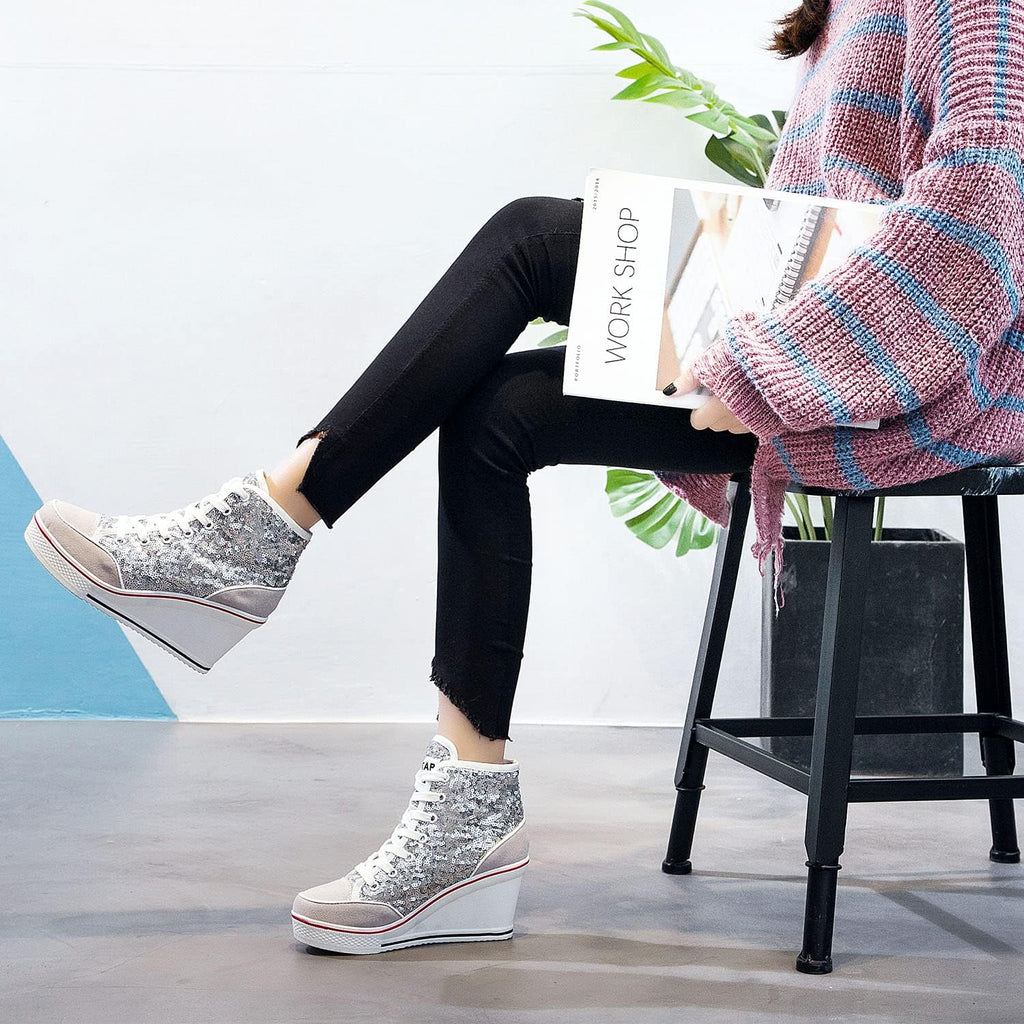 Högklackade blingskor för kvinnor vardagsskor mode glittrande sneakers för promenadplattform kilpumpskor