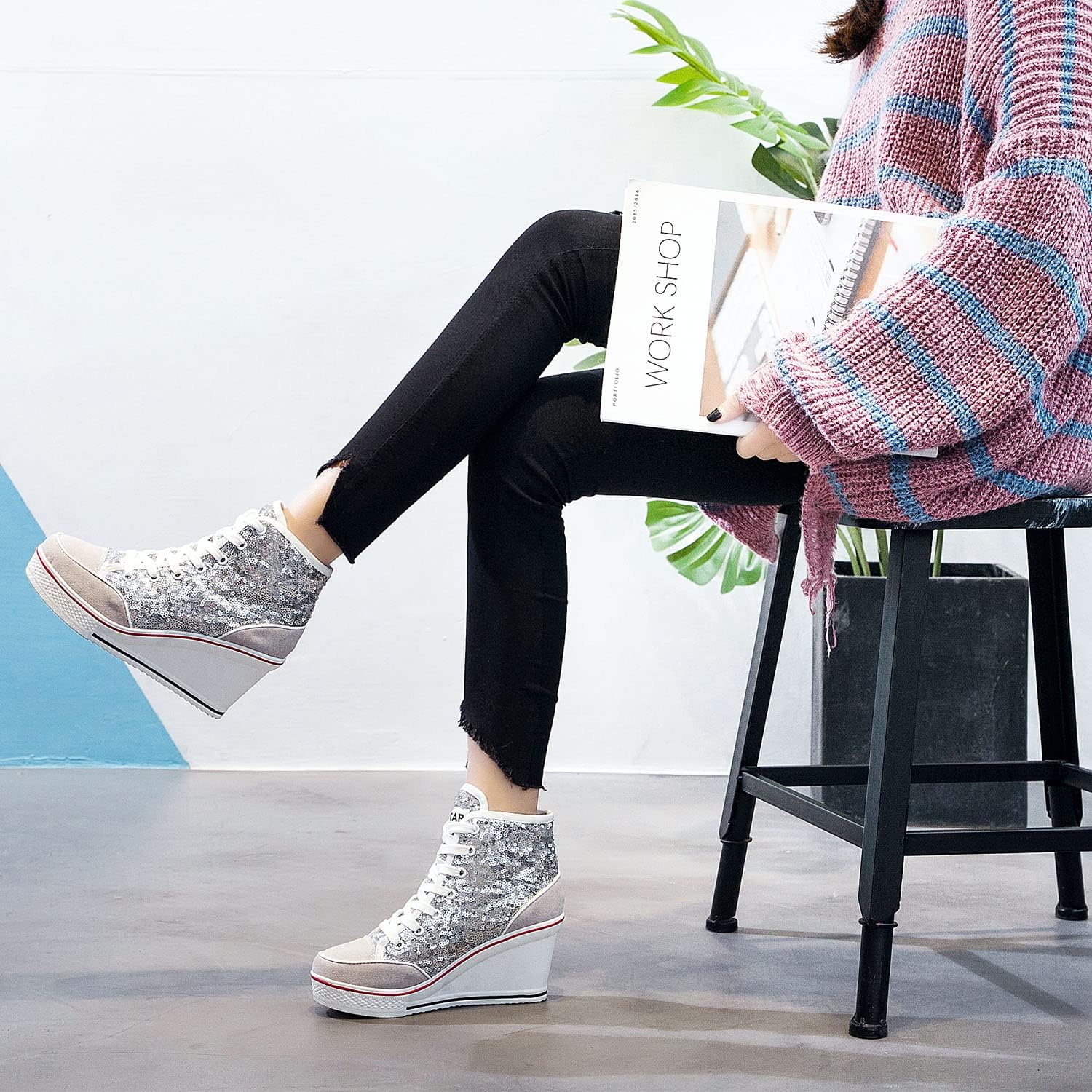 Högklackade blingskor för kvinnor vardagsskor mode glittrande sneakers för promenadplattform kilpumpskor