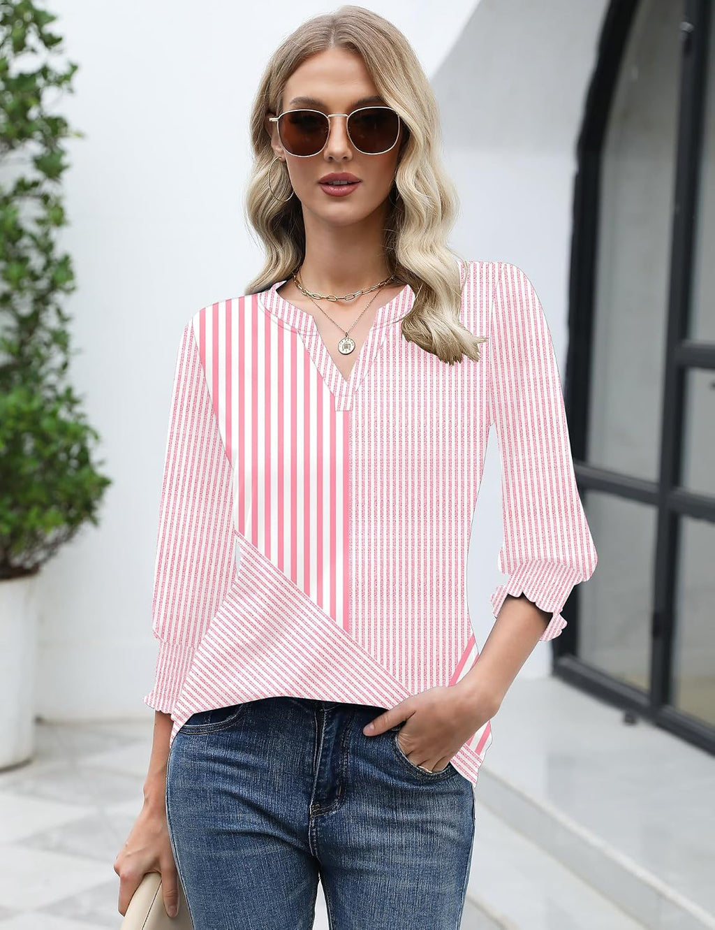 Rapbin Damblus med 3/4-ärm, lång V-ringad tunika, sommartopp, elegant, ledig blus, topp