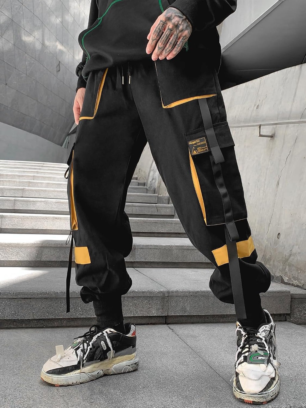 Herrjoggingbyxor punk cargo baggy techwear streetwear hiphop par kvinnor unisex sport vardagsbyxor, Svartgul, XL
