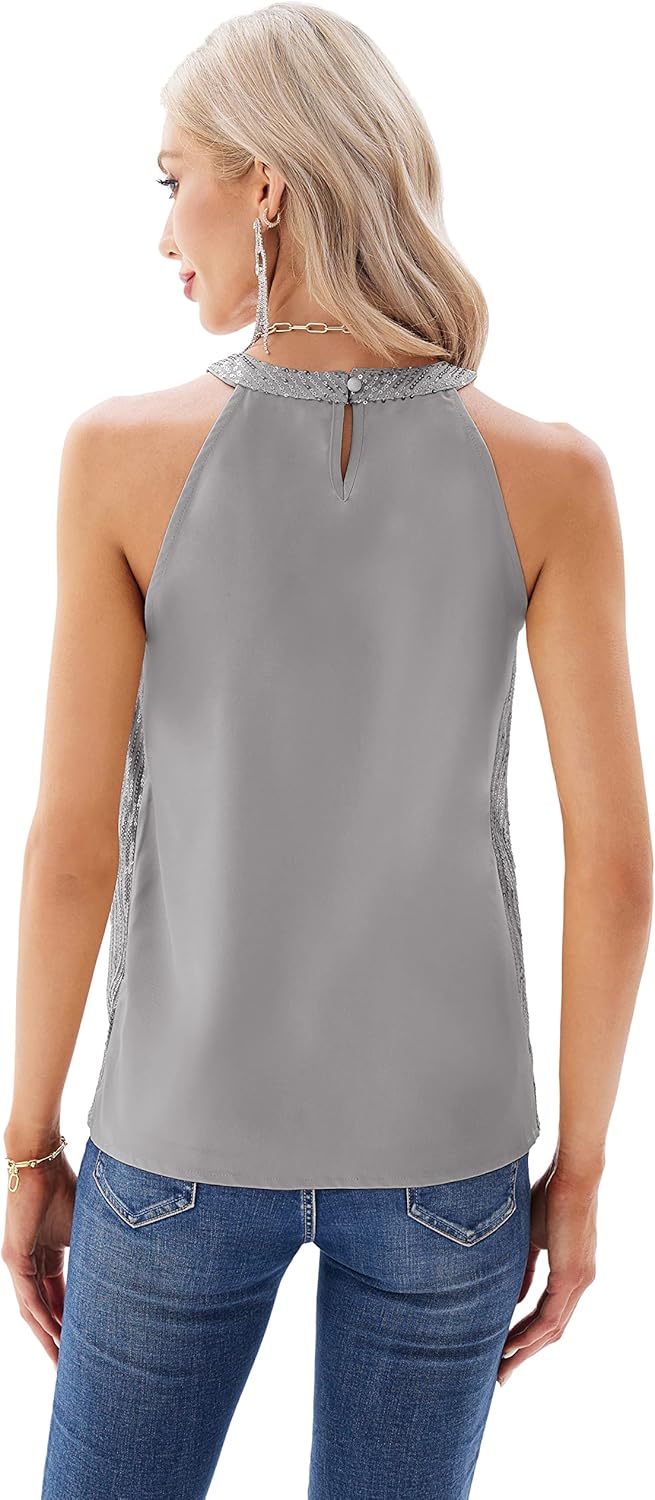 GRACE KARIN Dam elegant chiffongblus rund hals ärmlös skjorta casual toppar