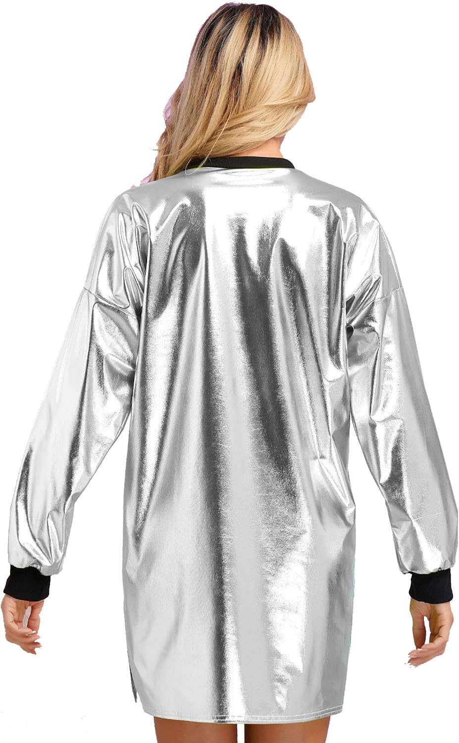 Kvinnlig Metallisk Glänsande Discodans Tshirtklänning Med Långa Ärmar Och Ribbade Kantar Slapp Och Rakt Cut