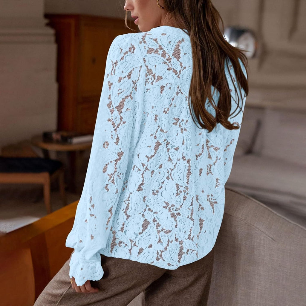 Festliga blusar damer elegant med spets: spets topp damer röd – spetsblus vintage v-ringad blusar tunika lös långärmad skjorta enfärgad spets toppar blus skjorta damblusar