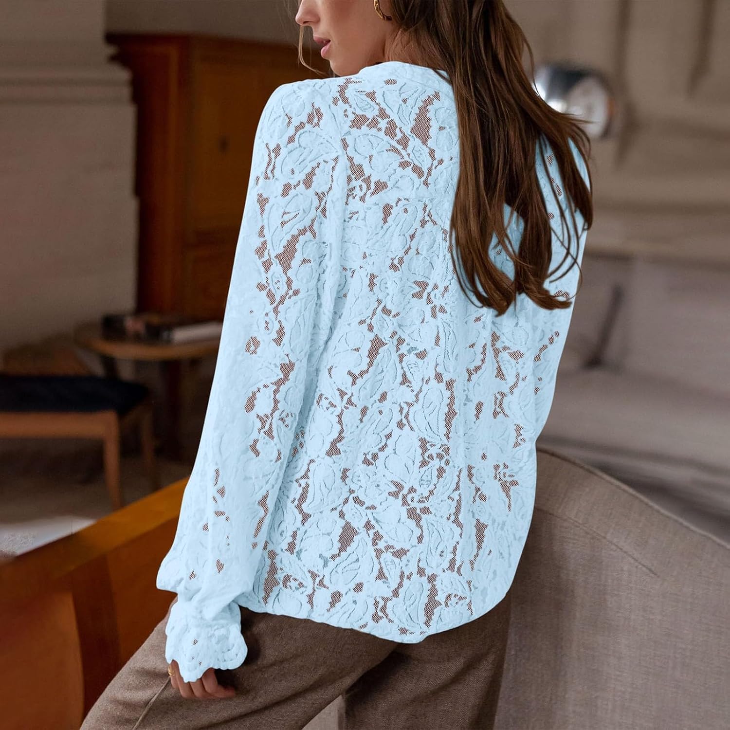 Festliga blusar damer elegant med spets: spets topp damer röd – spetsblus vintage v-ringad blusar tunika lös långärmad skjorta enfärgad spets toppar blus skjorta damblusar