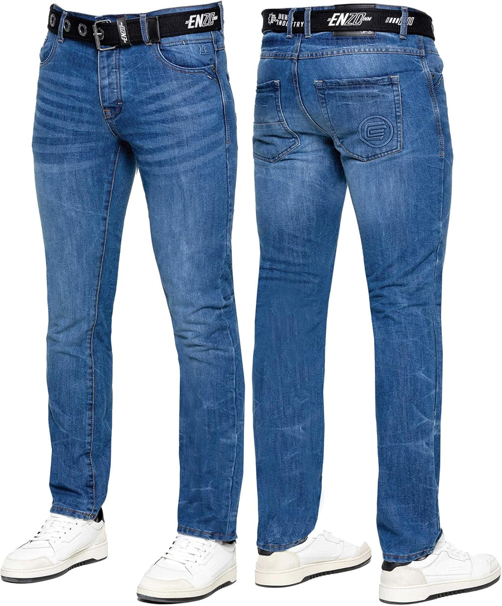 989Zé ENZO Herrjeans klassiska raka ben vardaglig bomull normal passform denim byxor gratis bälte
