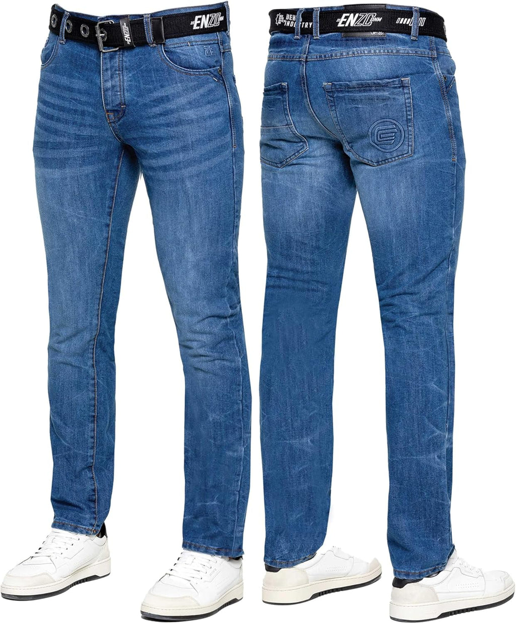 989Zé ENZO Herrjeans klassiska raka ben vardaglig bomull normal passform denim byxor gratis bälte