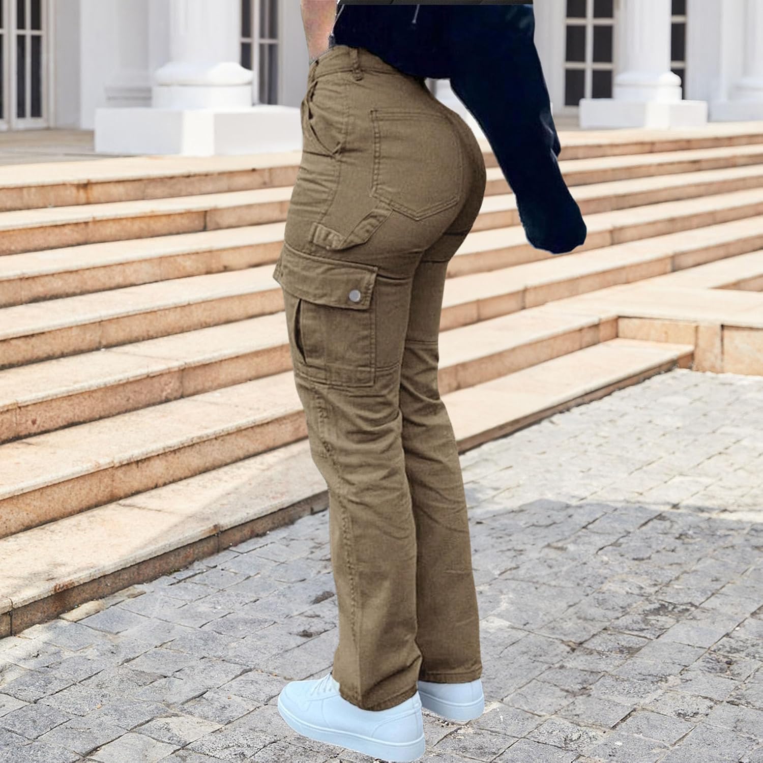 Cargobyxor för kvinnor hög midja raka ben vardagliga arbetsbyxor multi lös passform streetwear byxor
