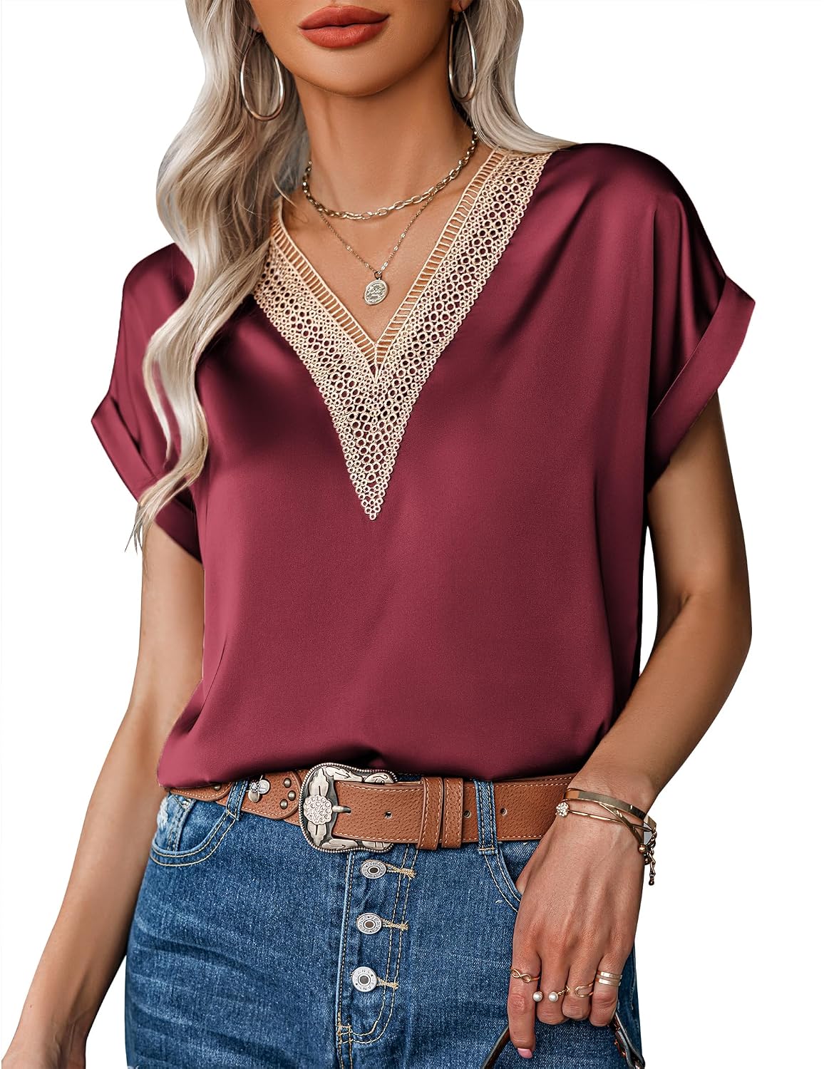 Zeagoo Dam-t-shirt, satinblus, spets, v-ringad, skjorta, eleganta blusar, kortärmad tunika, topp, lediga toppar, sommar, lösa toppar