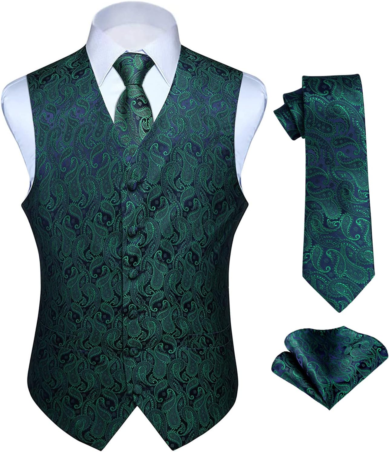 Hisdern Herrväst med paisleymönster, blommig jacquard-slips, bröstnäsduk och näsduk, perfekt för bröllop, fest eller affärsmöten, väst-set för kostym i storlekarna XS–6XL