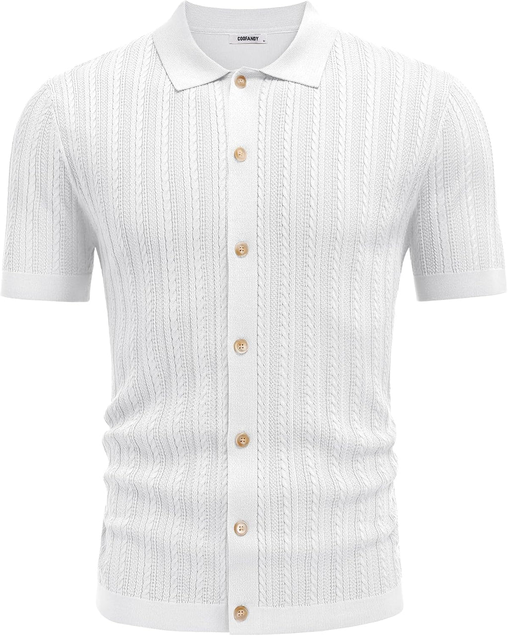 COOFANDY Herr kortärmad stickad pikétröja stretch kabel stickad full knapp golfskjorta polo t-shirt