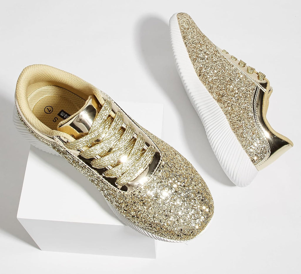 LUCKY STEP Briljanta sneakers för kvinnor med strass och metallpaljetter, lätta tennisskor