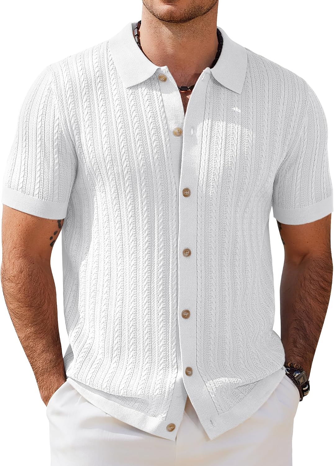 COOFANDY Herr kortärmad stickad pikétröja stretch kabel stickad full knapp golfskjorta polo t-shirt