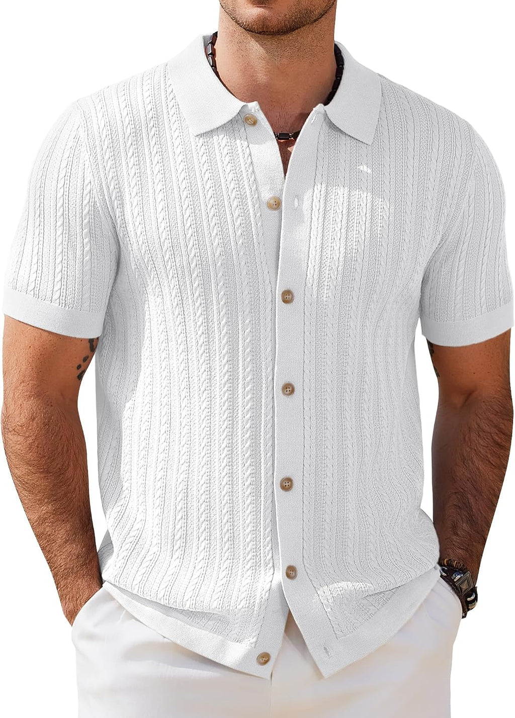 COOFANDY Herr kortärmad stickad pikétröja stretch kabel stickad full knapp golfskjorta polo t-shirt