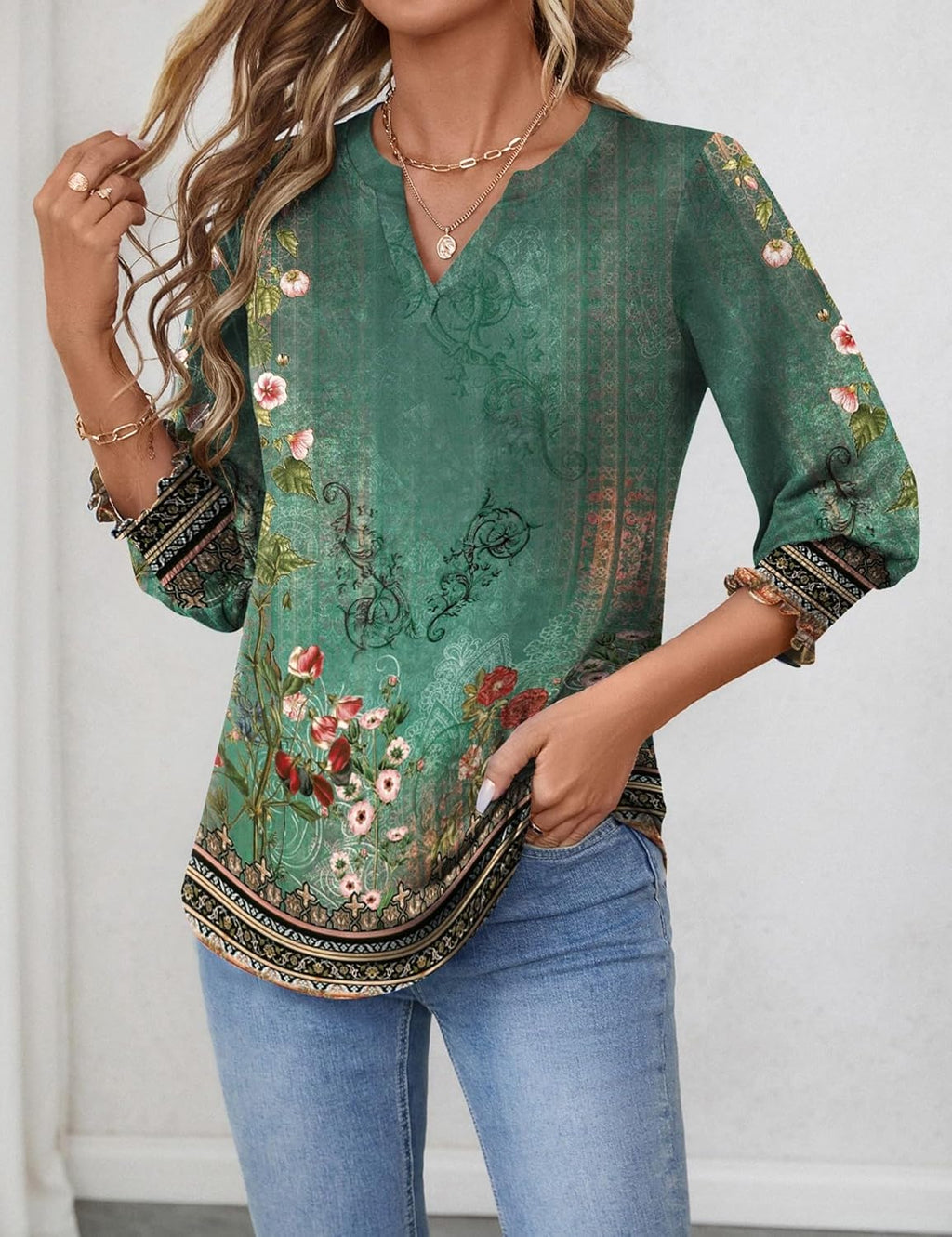 Rapbin Damblus med 3/4-ärm, lång V-ringad tunika, sommartopp, elegant, ledig blus, topp