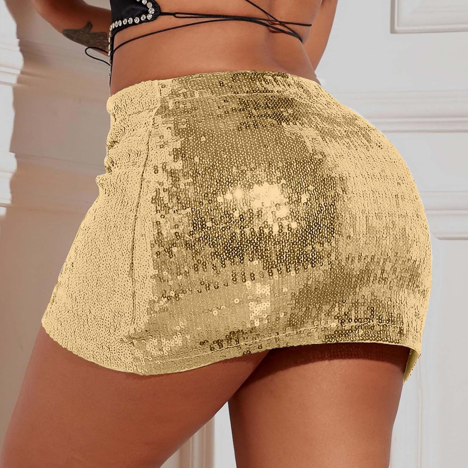 Glittrig minikjol för kvinnor, svart, glitterkjol för kvinnor – mode, slim fit, bodycon-kjolar, basic, semesterframträdande, minikirter, klassiska pennkjolar, enfärgade paljettshorts