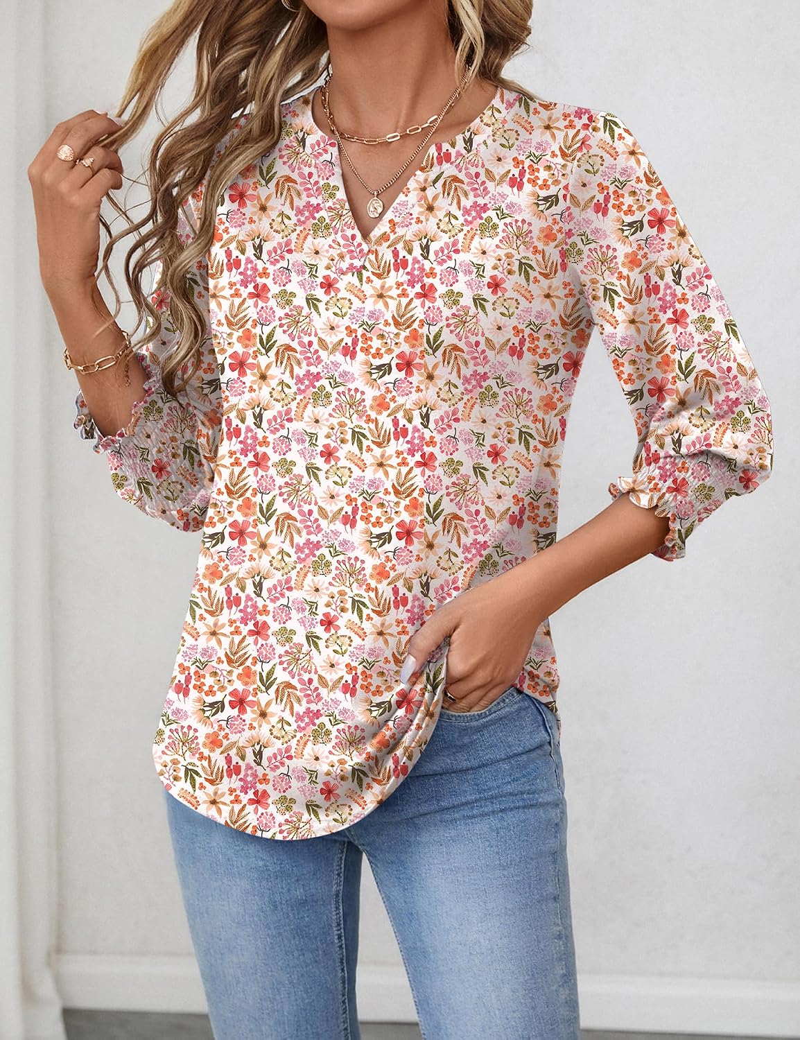 Rapbin Damblus med 3/4-ärm, lång V-ringad tunika, sommartopp, elegant, ledig blus, topp