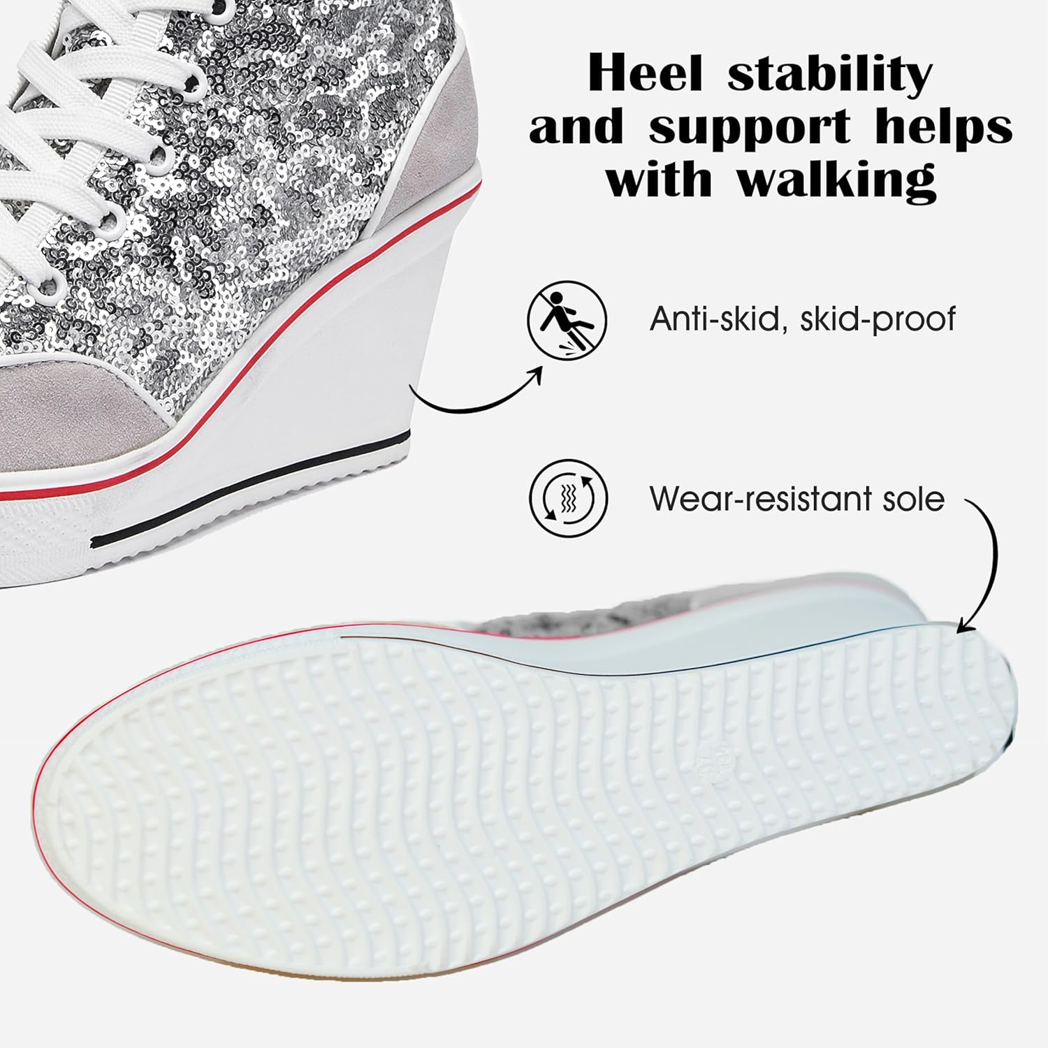 Högklackade blingskor för kvinnor vardagsskor mode glittrande sneakers för promenadplattform kilpumpskor