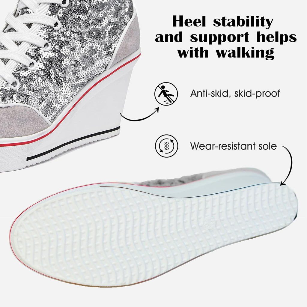 Högklackade blingskor för kvinnor vardagsskor mode glittrande sneakers för promenadplattform kilpumpskor