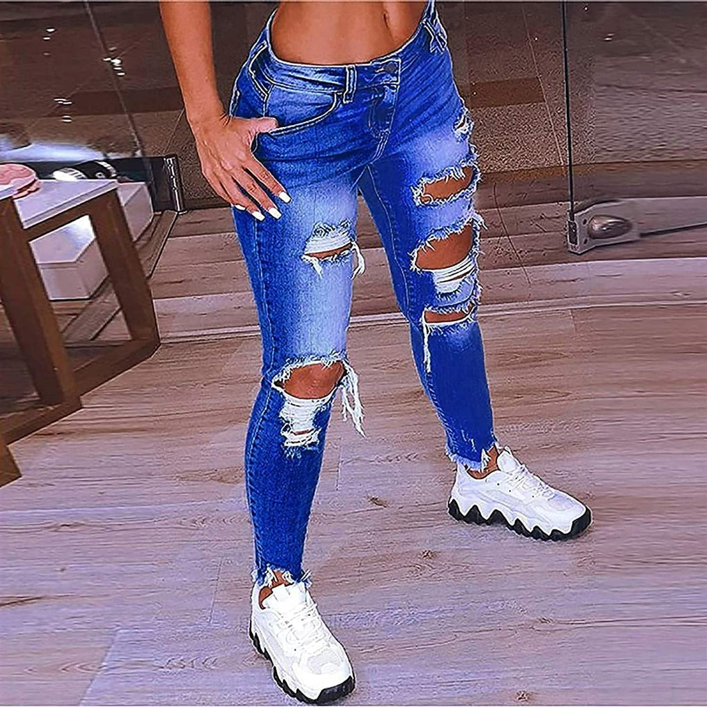 Hög Midja Ripped Jeans Kvinnor Jeans Byxor Kvinnor Hål Skinny Jeans Byxor Kvinnor Ripped Destroyed Denim Jeans Relaxed Women Stretch Slim Fit Ripped Broken Pants Jeans Leggings Women Large Jeans för k