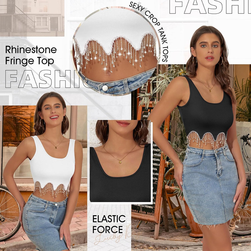 Crop Tops för kvinnor strass frans topp glittrande damlinnen paljett glitter beskuren tank konsert Y2K toppar vit liten (ljusblå, L), Vitt