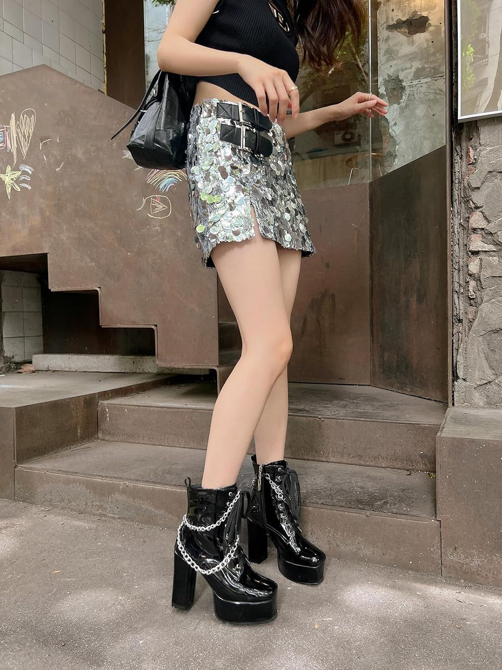 Goth Platåskor Boots för Dam, 11.5cm Blockklack Combat Boots med Kedja, Lackläder Platåstövlar Fyrkantig Tå med Dragkedja, Svart Vit Rosa
