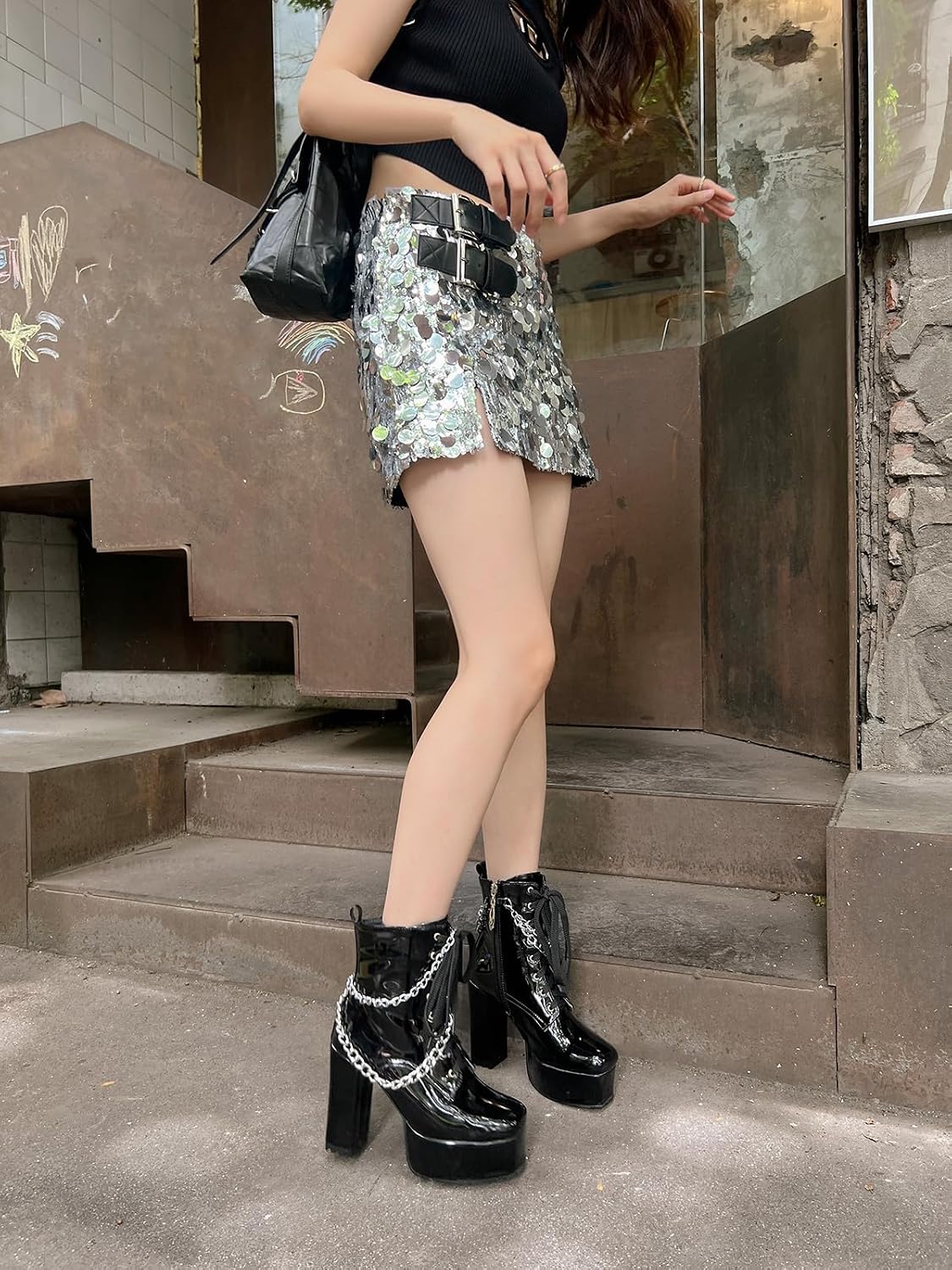 Goth Platåskor Boots för Dam, 11.5cm Blockklack Combat Boots med Kedja, Lackläder Platåstövlar Fyrkantig Tå med Dragkedja, Svart Vit Rosa