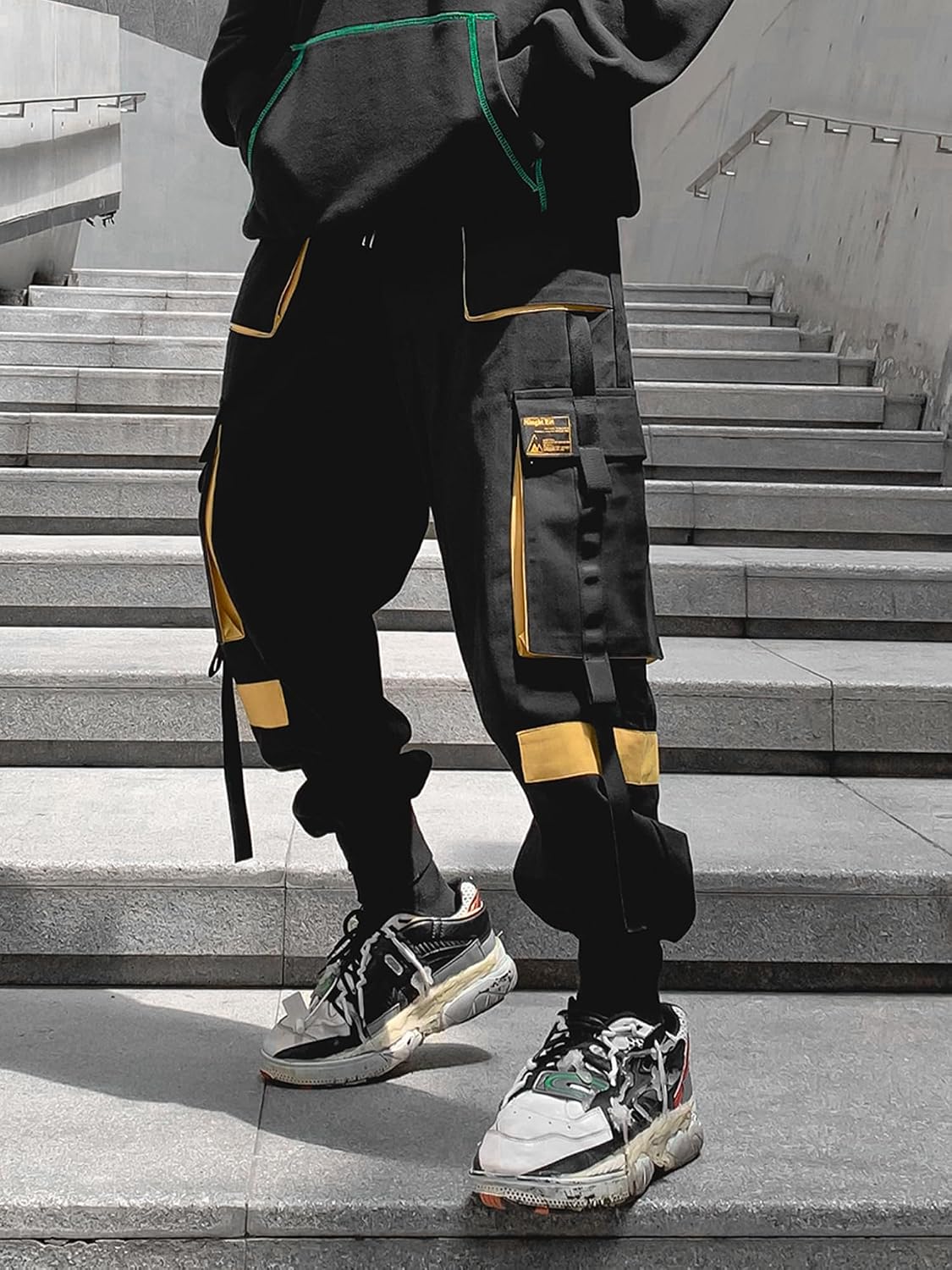 Herrjoggingbyxor punk cargo baggy techwear streetwear hiphop par kvinnor unisex sport vardagsbyxor, Svartgul, XL