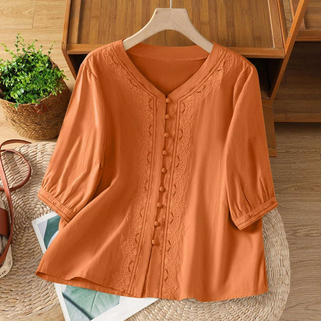 Kvinnors boho toppar bomull linne halvärm v-ringad retro broderade skjortor groda knapp kinesisk stil skjorta damer lös ledig sommar topp