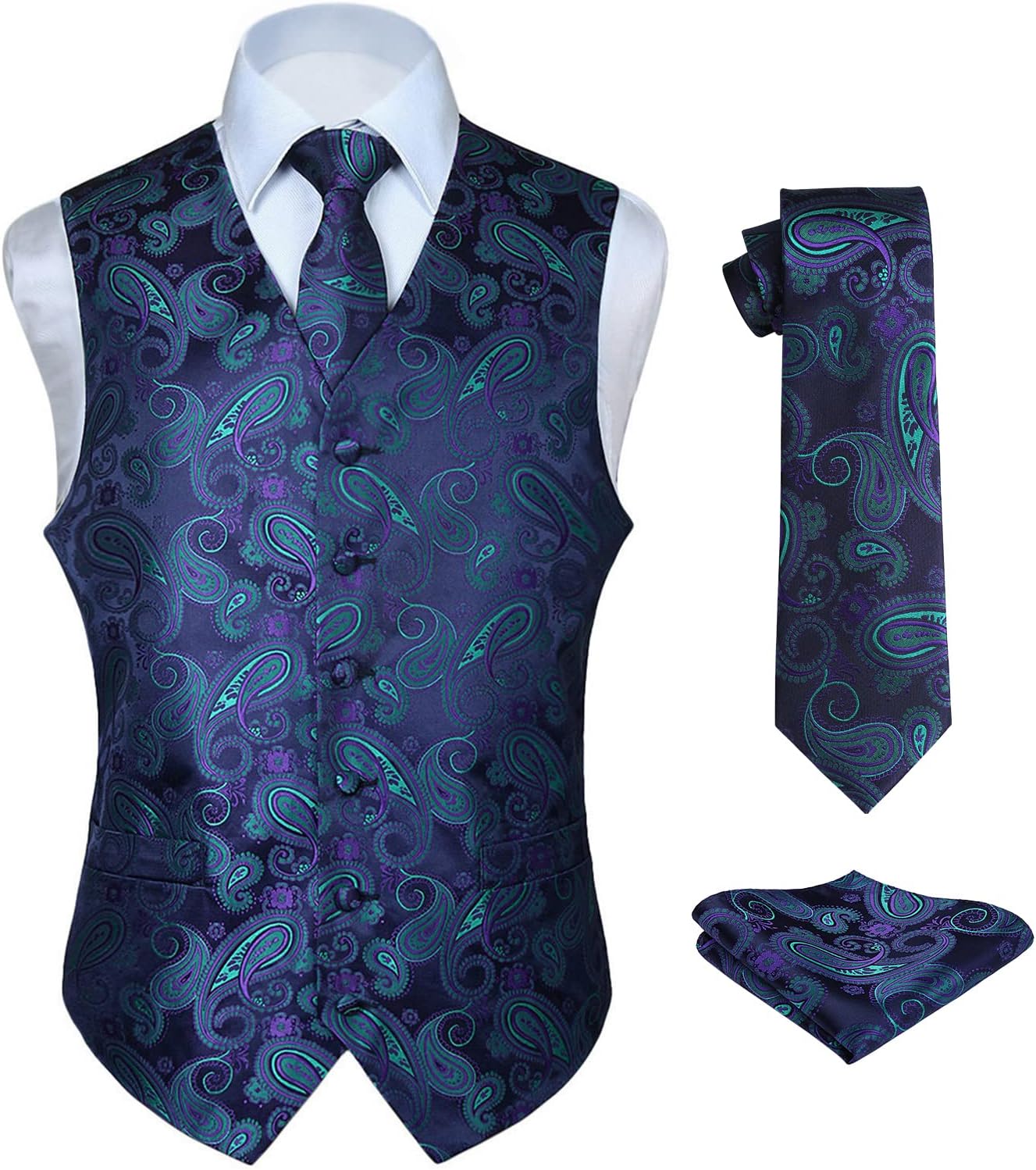 Hisdern Herrväst med paisleymönster, blommig jacquard-slips, bröstnäsduk och näsduk, perfekt för bröllop, fest eller affärsmöten, väst-set för kostym i storlekarna XS–6XL
