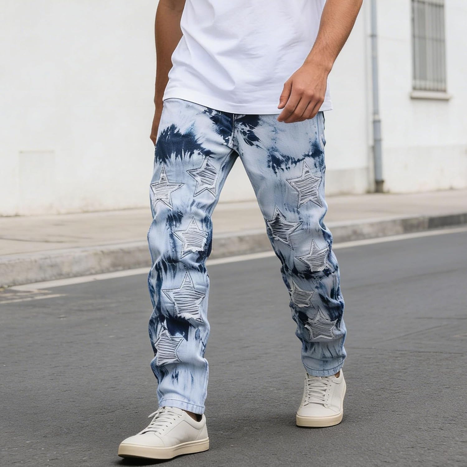 Herr Skinny Stacked Jeans Tie Dye Washed Denimbyxor Slim Fit Biker Ripped Streetwear