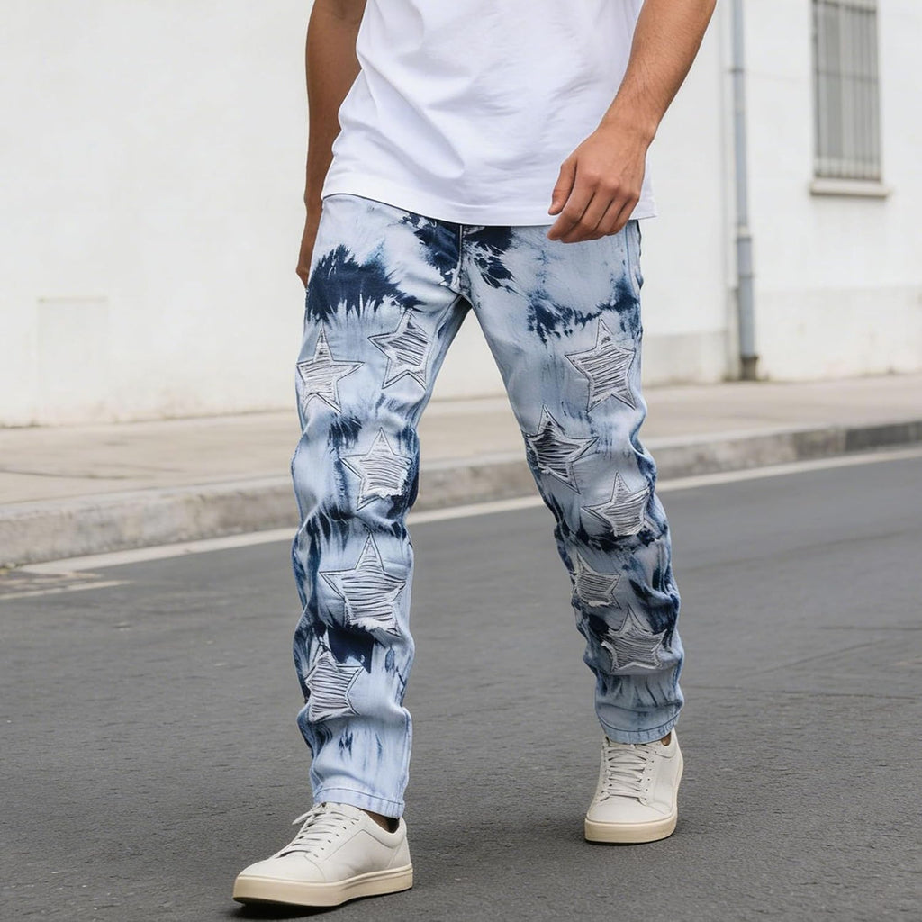 Herr Skinny Stacked Jeans Tie Dye Washed Denimbyxor Slim Fit Biker Ripped Streetwear