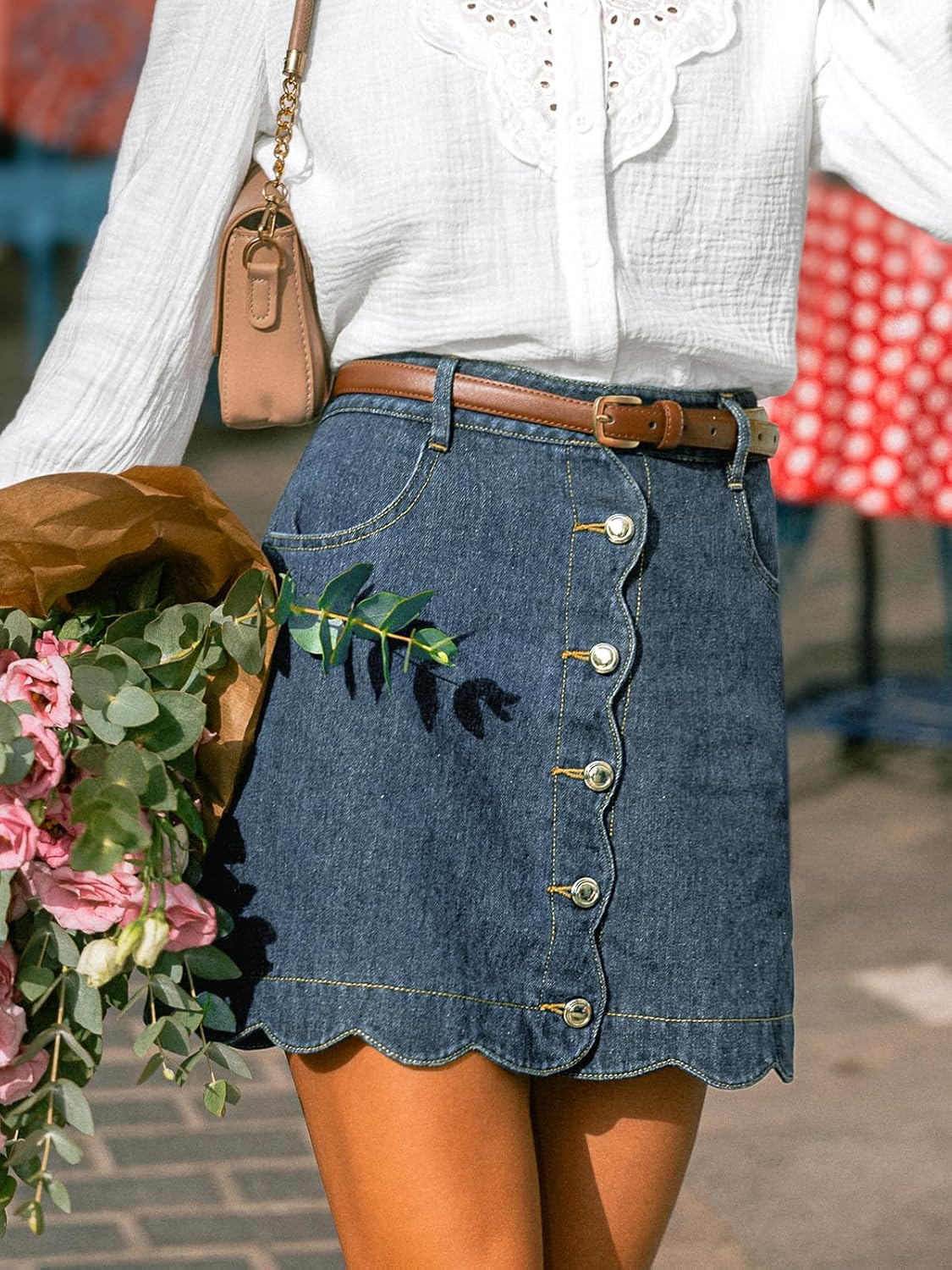 CUPSHE kvinnor denim kjol vardaglig hög midja A-linje skulpterad fåll mini jeanskjol med fickor