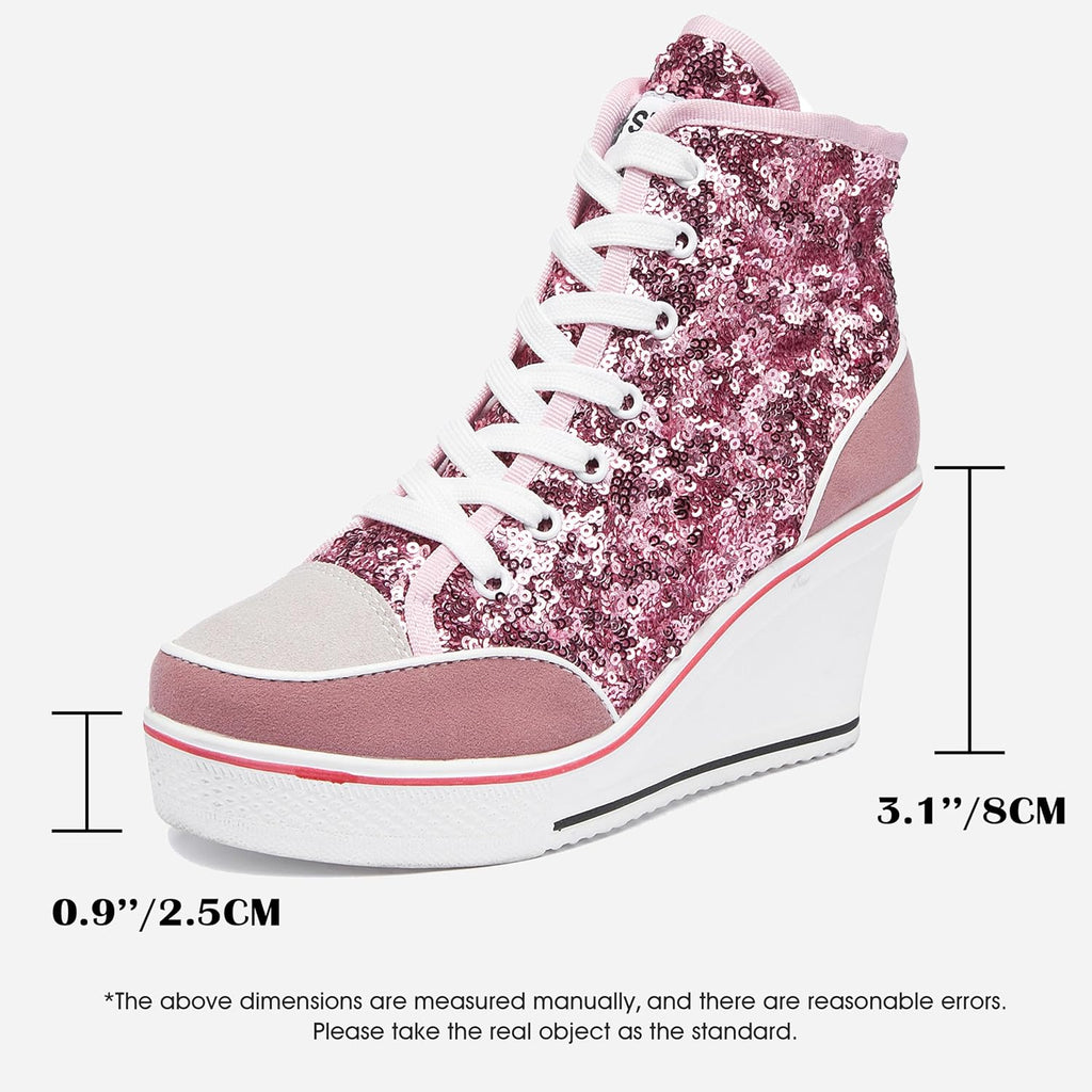 Högklackade blingskor för kvinnor vardagsskor mode glittrande sneakers för promenadplattform kilpumpskor