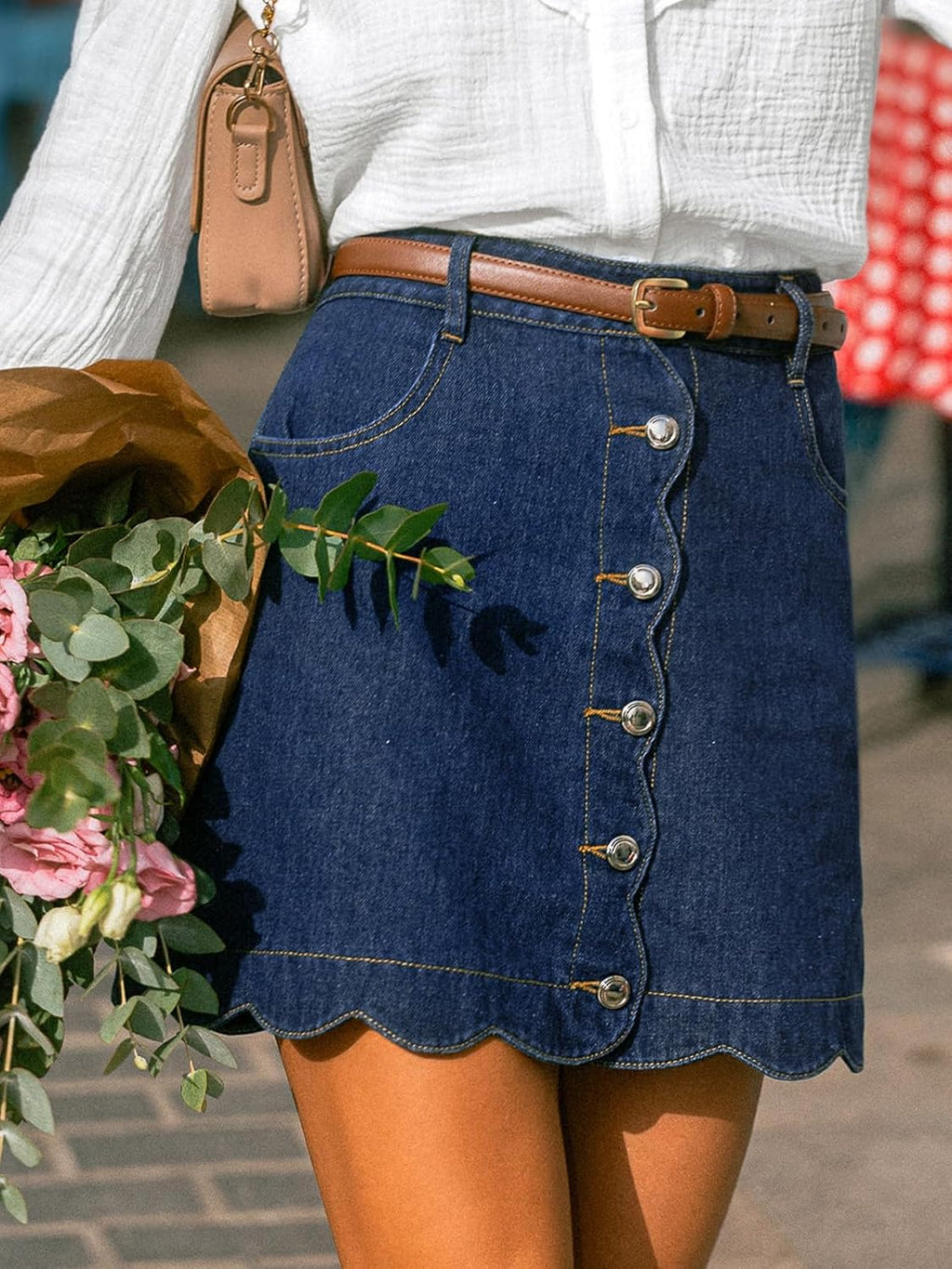 CUPSHE kvinnor denim kjol vardaglig hög midja A-linje skulpterad fåll mini jeanskjol med fickor